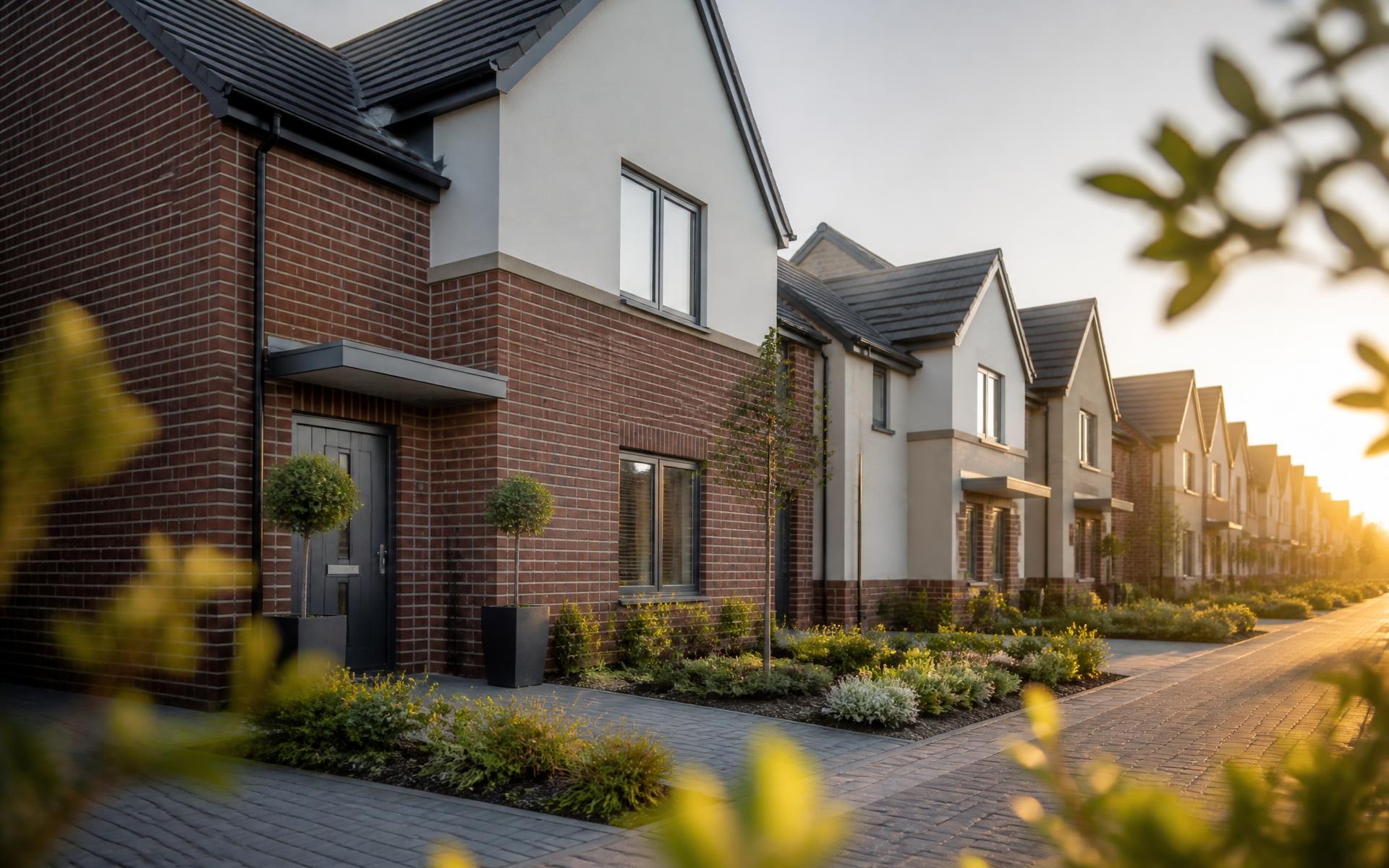 Modern UK new build homes at golden hour